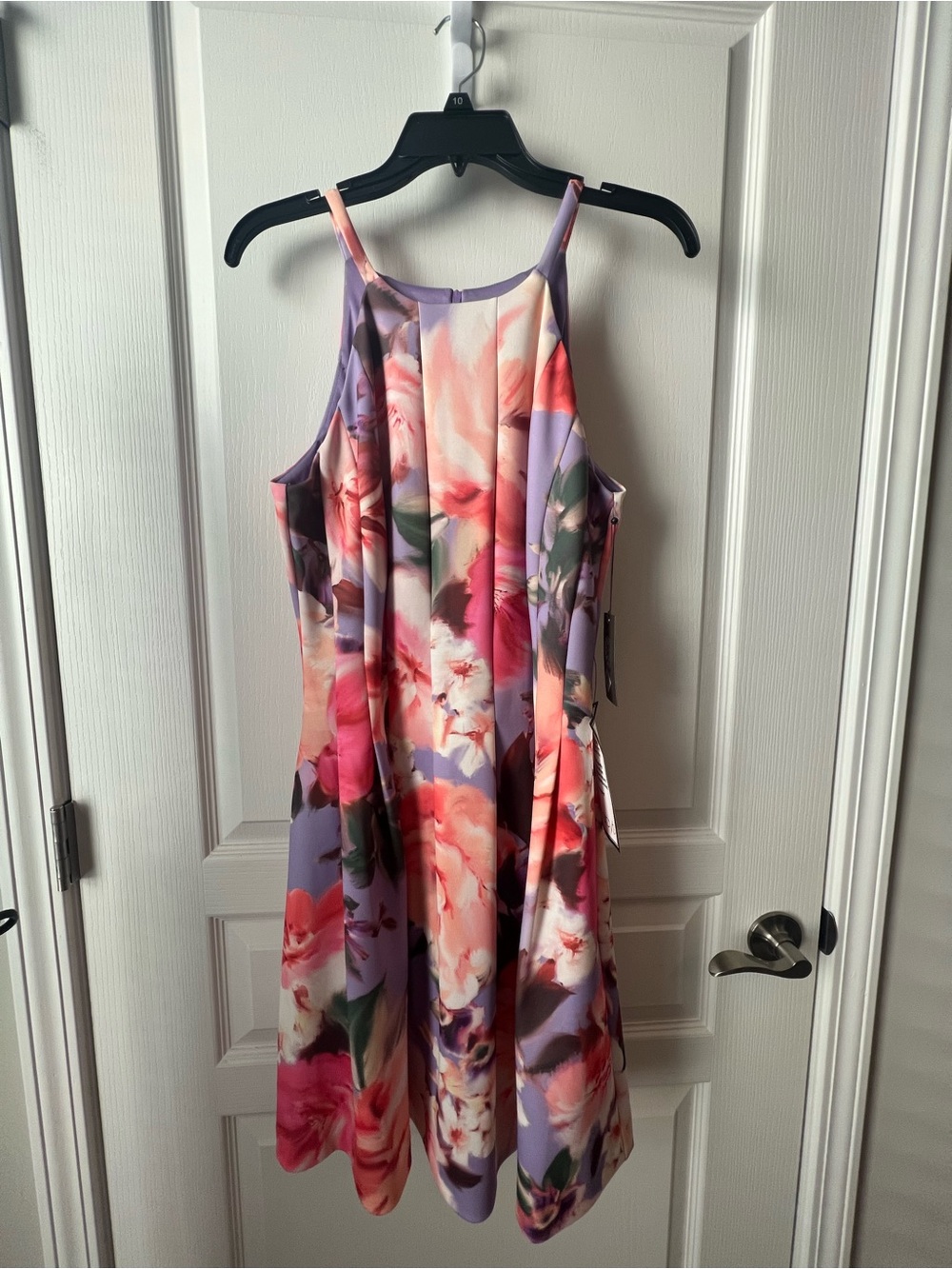 Vince Camuto Lavender Floral Midi Dress with Coral and Pink Blooms